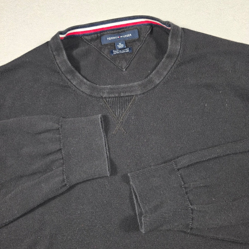 Tommy Hilfiger Sweater Mens XL Black Premium Cotton Crewneck Pullover Logo